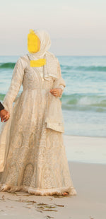 Long Sleeve 3 Piece Maxi Dress from Pakistan with Beading and Embroidery, Off White