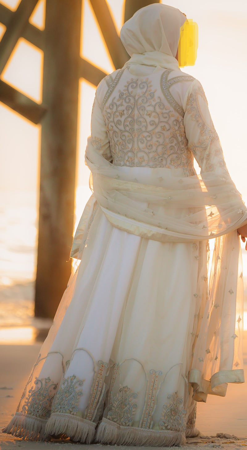 Long Sleeve 3 Piece Maxi Dress from Pakistan with Beading and Embroidery, Off White