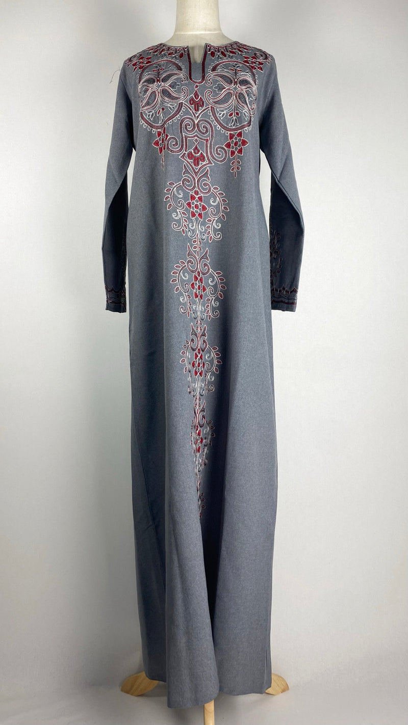 Gray Abaya+ with Red Embroidery