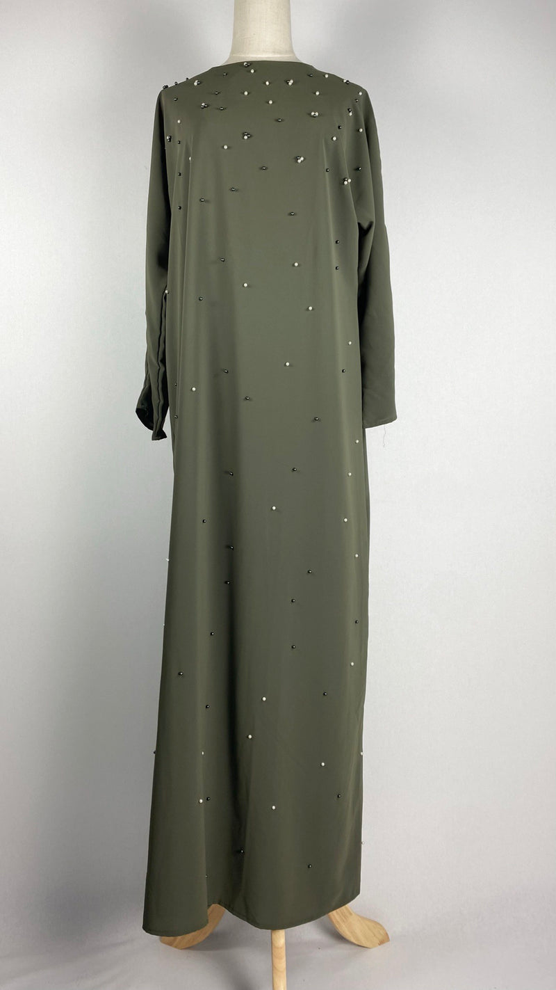 Abaya+ Dress with Pearls, Olive Green