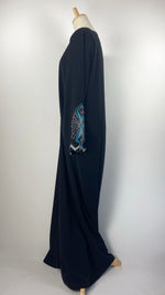 Long Sleeve Snap Button Abaya with Beading, Black and Blue