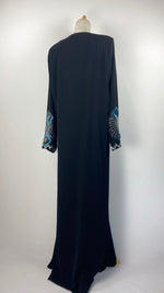 Long Sleeve Snap Button Abaya with Beading, Black and Blue