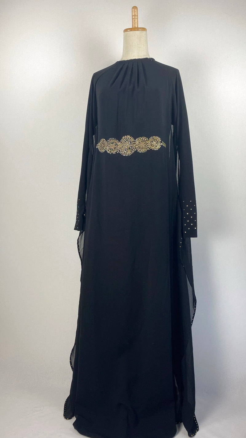 Long Sleeve Batwing Closed Abaya, Black and Gold