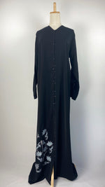 Long Sleeve Snap Button Abaya with Flowers, Black and Blue