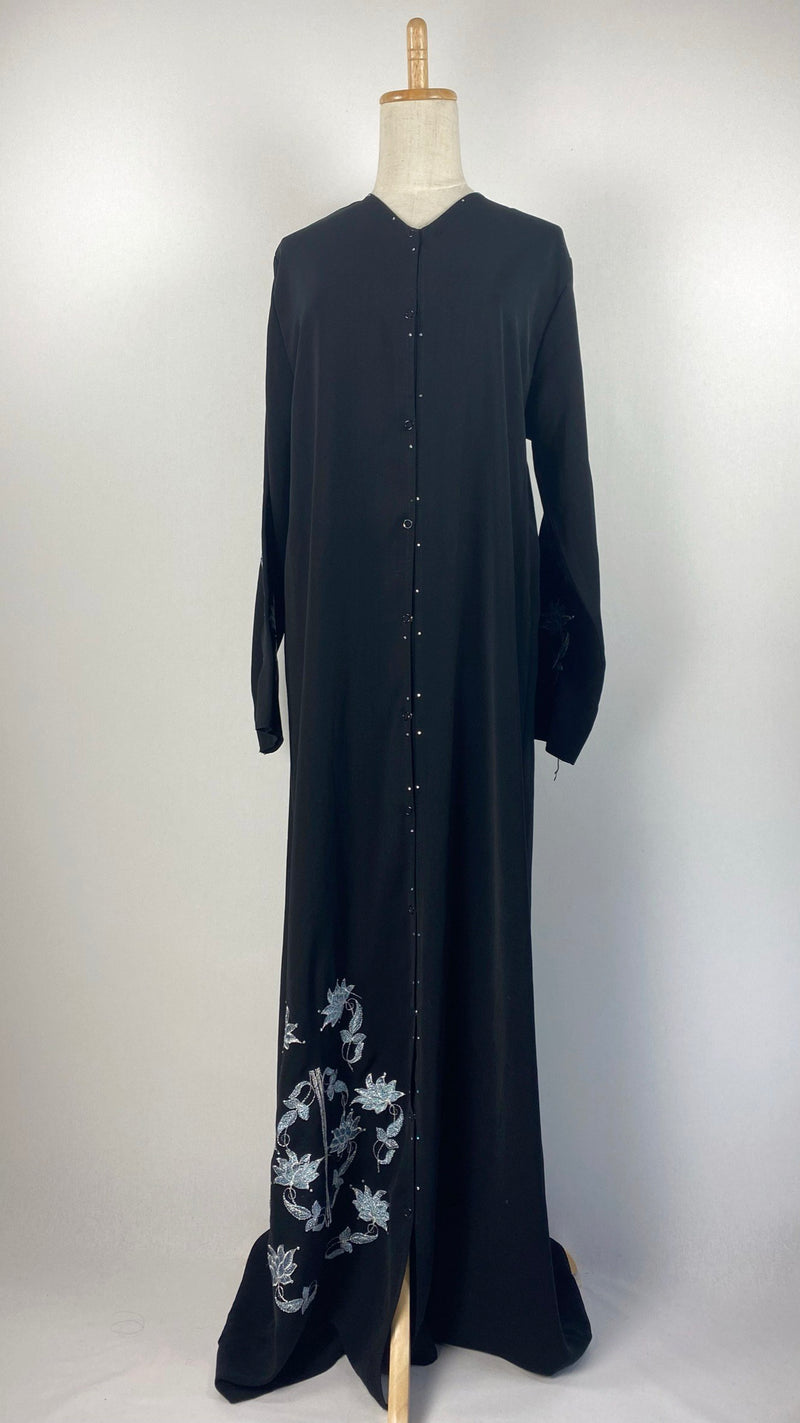 Long Sleeve Snap Button Abaya with Flowers, Black and Blue