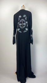 Long Sleeve Snap Button Abaya with Flowers, Black and Blue