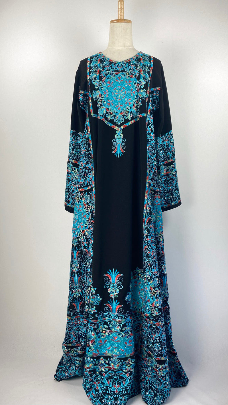 Long Sleeve Embroidered Abaya +  Thobe, Black