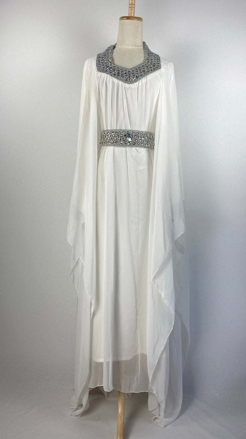 Long Sleeve Abaya+ Kaftan with Beaded Belt, White