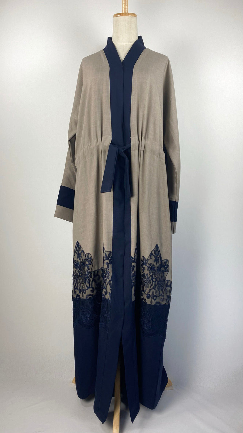 Long Sleeve Snap Button Abaya with Waist Cinched, Taupe