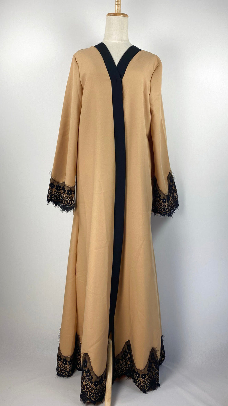 Long Sleeve Open Abaya with Trim, Camel