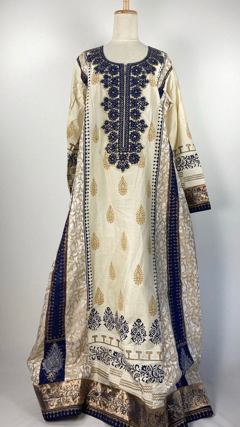 Long Sleeve Beaded Abaya+, Beige and Navy