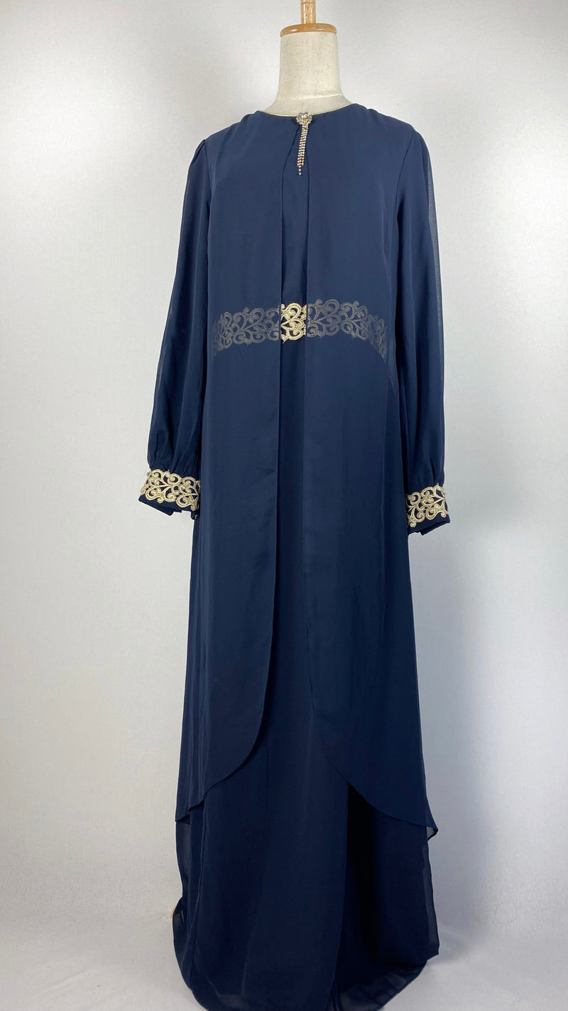 Long Sleeve Abaya+ Kaftan with Gold Trim, Navy