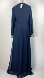 Long Sleeve Abaya+ Kaftan with Gold Trim, Navy