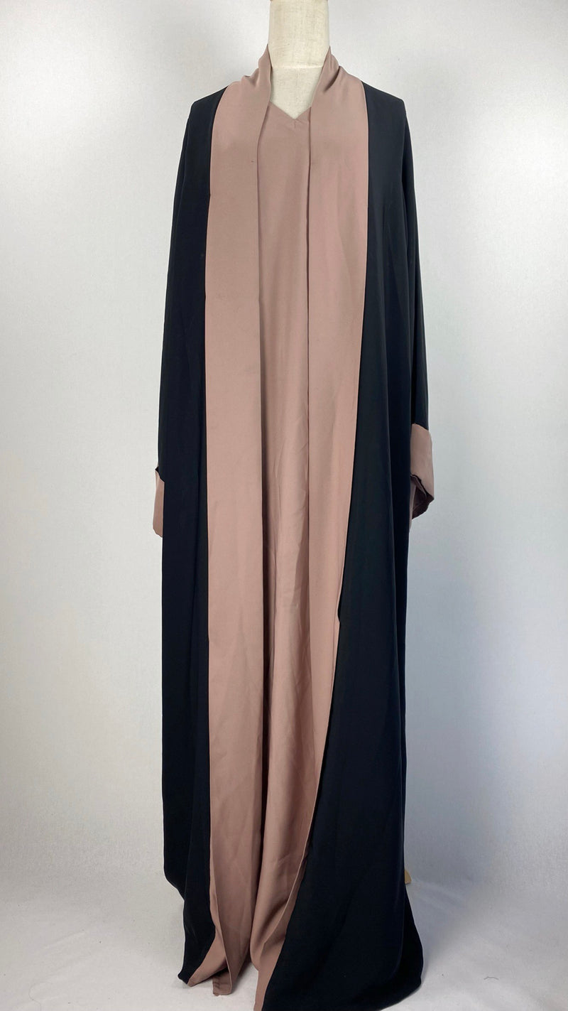 Long Sleeve Faux Two Layer Abaya, Black and Rose