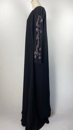 Long Sleeve Closed A-Line Abaya with Pink Beading, Black