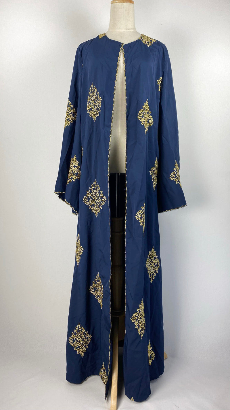 Long Sleeve Open Abaya Gold Embroidery, Navy