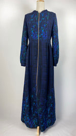 Long Sleeve Print Zip Up Abaya with Gold Zipper, Navy