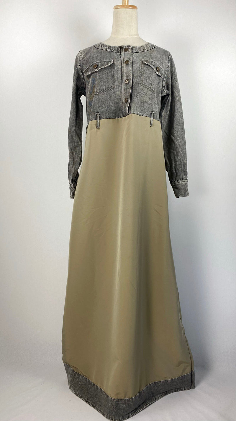 Long Sleeve Half Denim Abaya, Beige and Gray