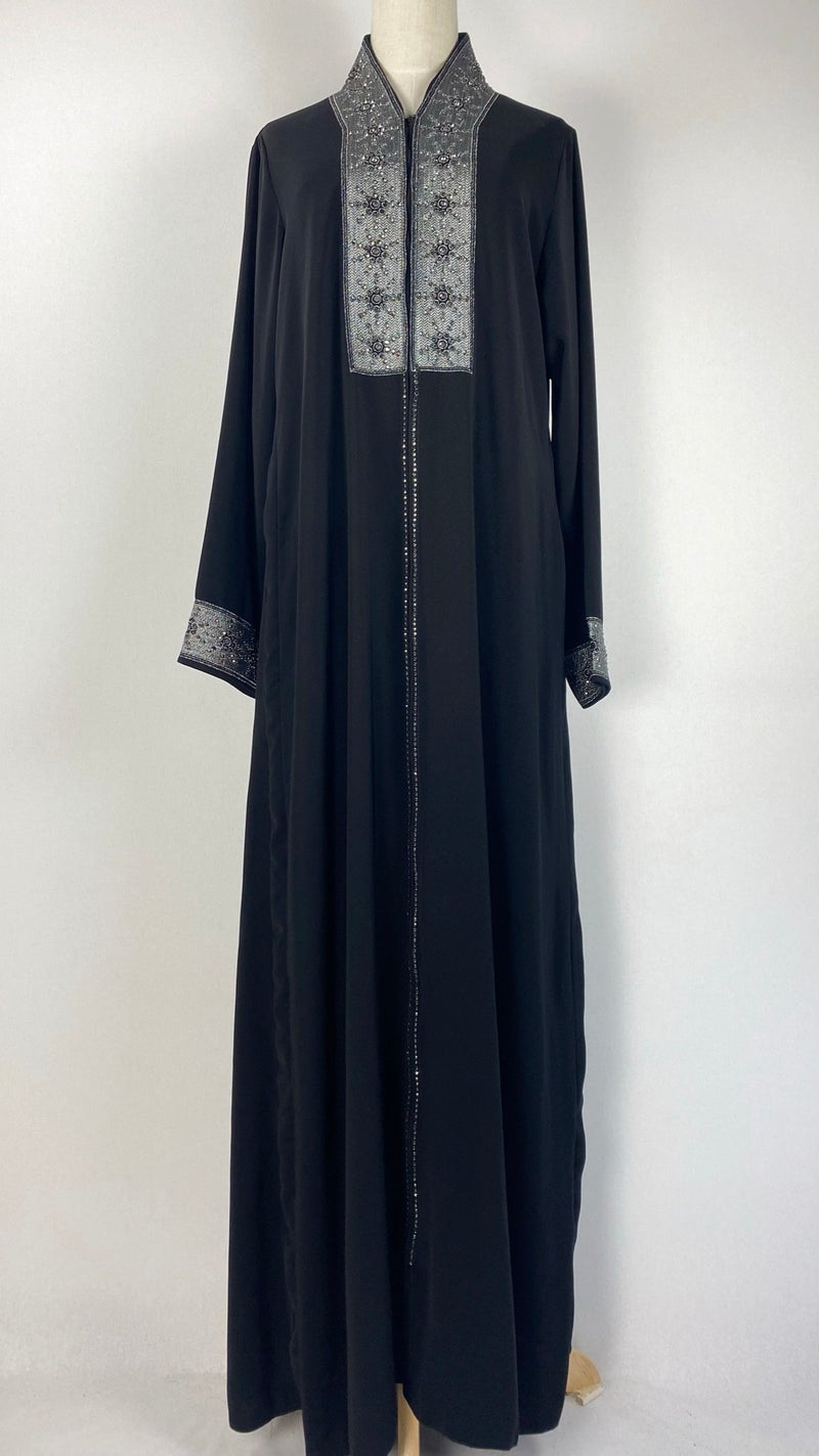 Long Sleeve Zip Up Beaded Abaya, Black