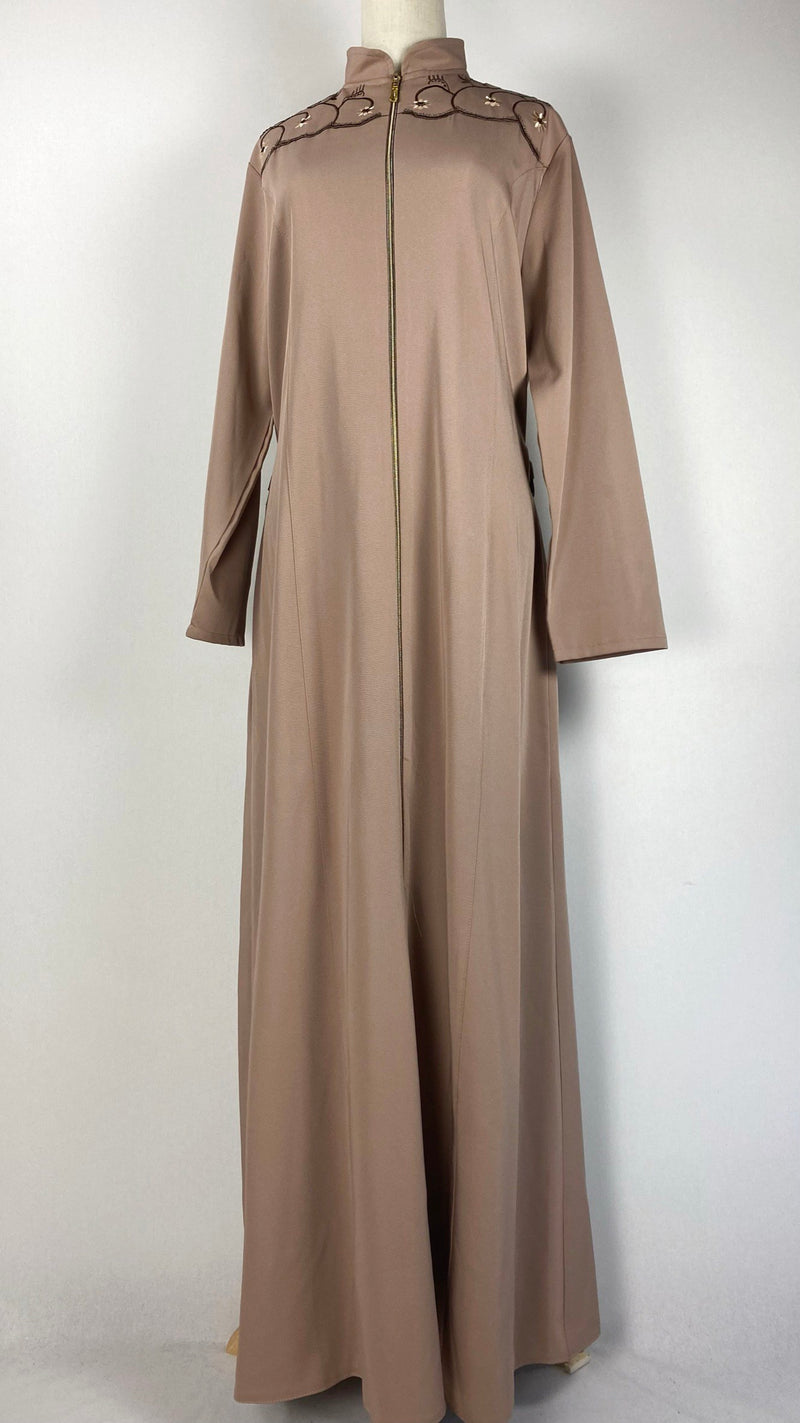 Long Sleeve Zip Up Abaya, Beige