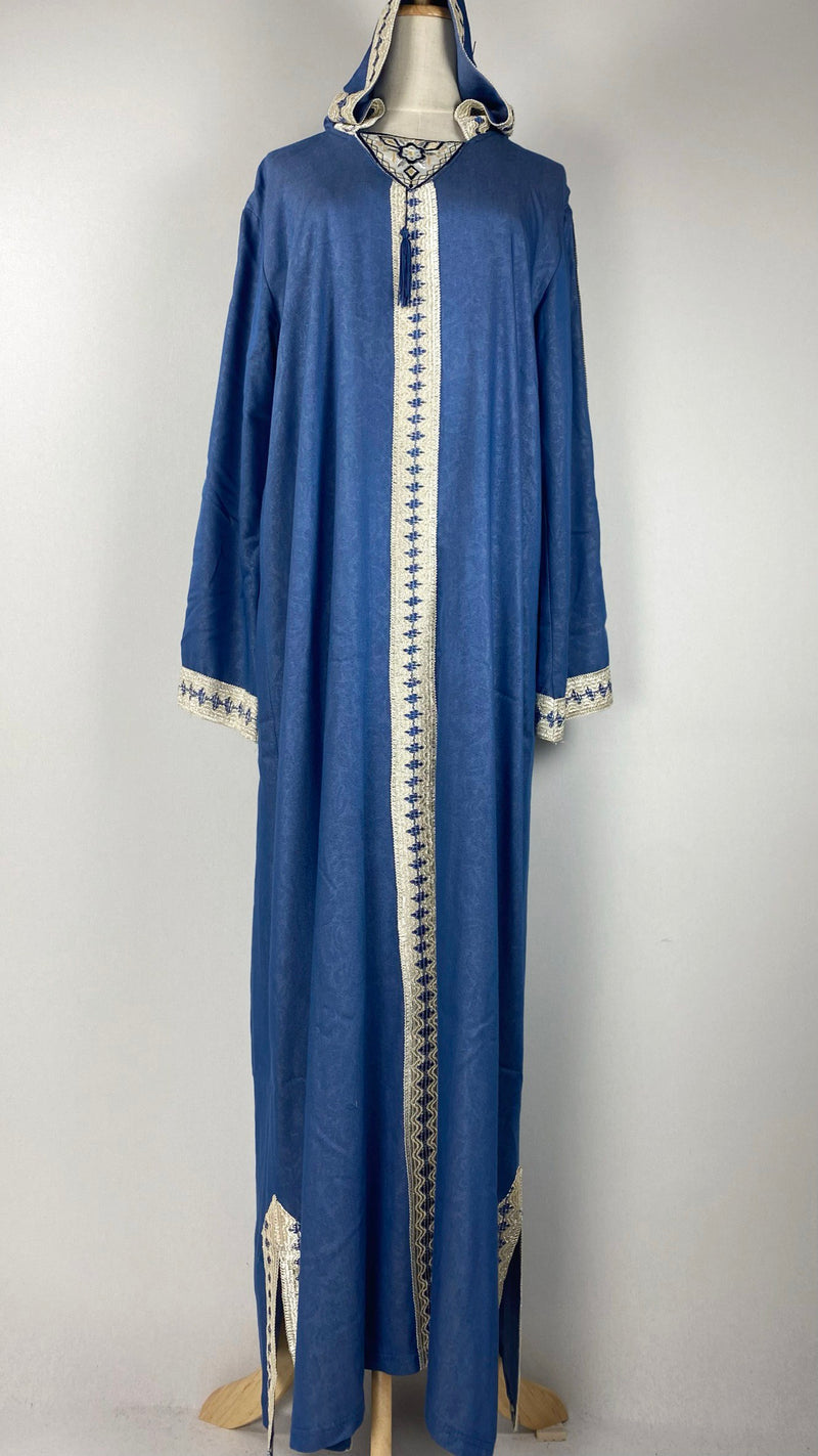 Long Sleeve Moroccan Abaya with Hood, Blue