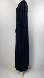 Long Sleeve Half Button Up Cinched Waist  Maxi Dress, Black