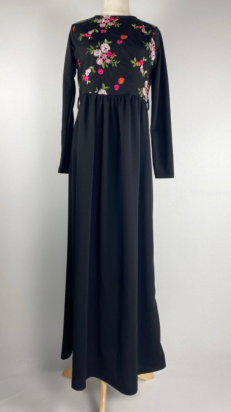 Long Sleeve Maxi Dress with Flower Embroidery, Black