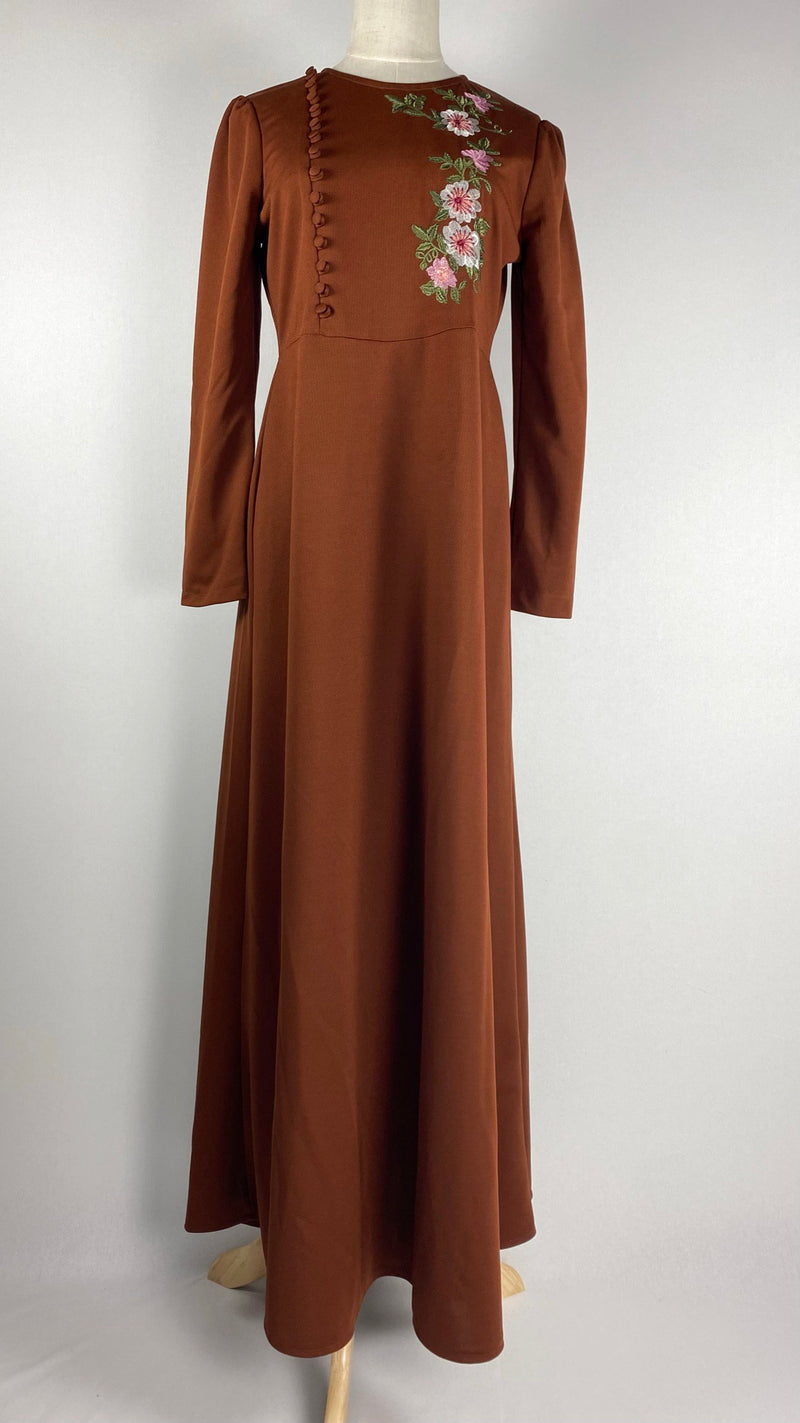 Long Sleeve Maxi Dress with Flower Embroidery, Brown