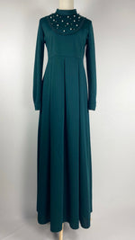 Long Sleeve Maxi Dress with Pleats + Pearls, Green