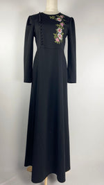 Long Sleeve Maxi Dress with Flower Embroidery, Black