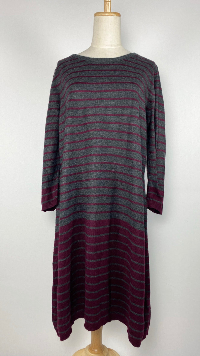 Gray long sleeve sweater dress with maroon stripes