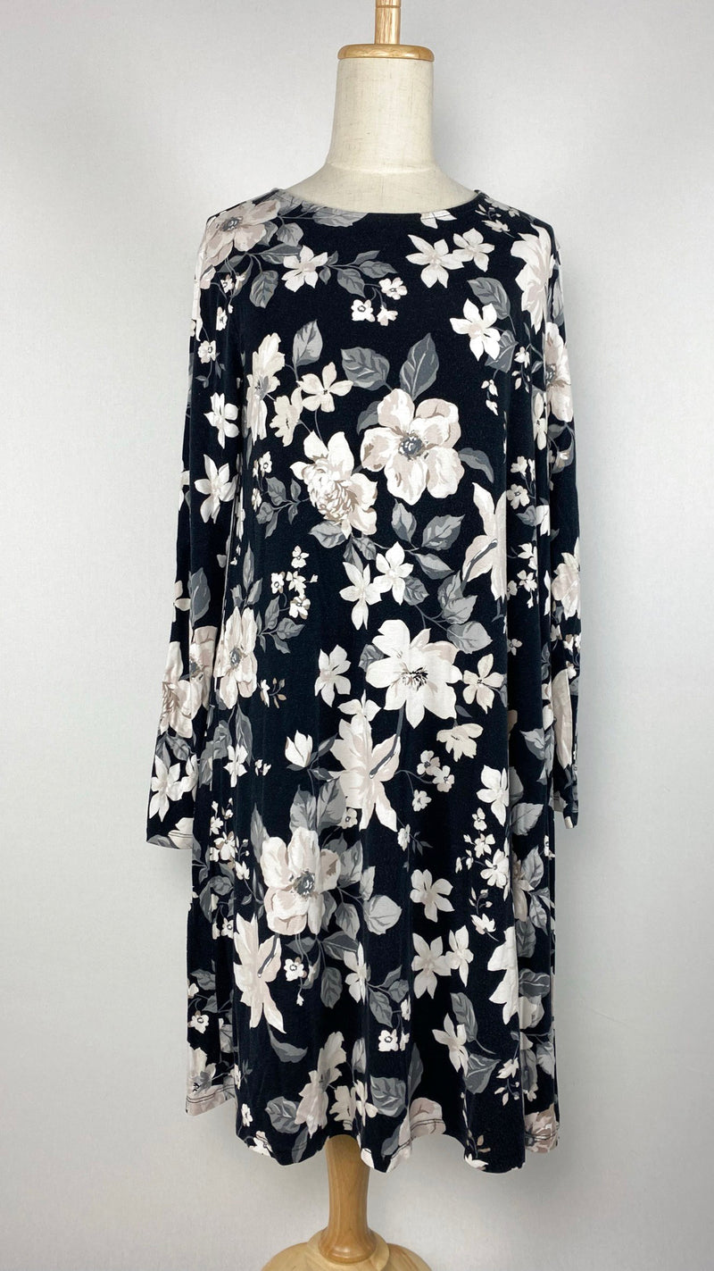 Long Sleeve Knee Length Top with Flowery Print, Black