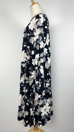 Long Sleeve Knee Length Top with Flowery Print, Black