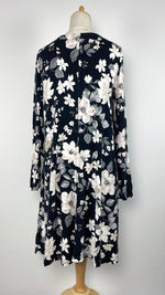 Long Sleeve Knee Length Top with Flowery Print, Black