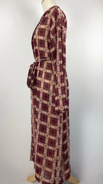 Long Sleeve Plaid Open Midi Length Cardigan, Maroon and Pink