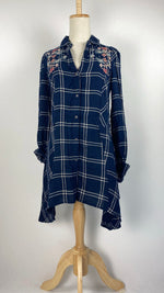 Long Sleeve Plaid Button Up Hip Length Top, Navy