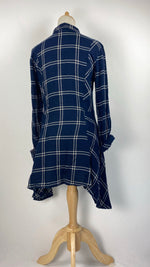 Long Sleeve Plaid Button Up Hip Length Top, Navy