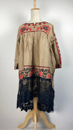 3/4 Sleeve Embroidered Kurta with Trim, Beige