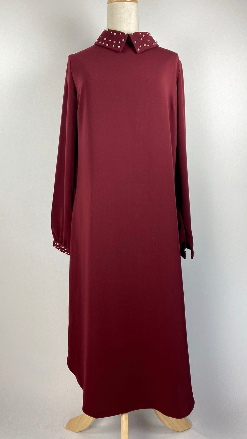 Long Sleeve Midi Length Top with Pearls, Maroon