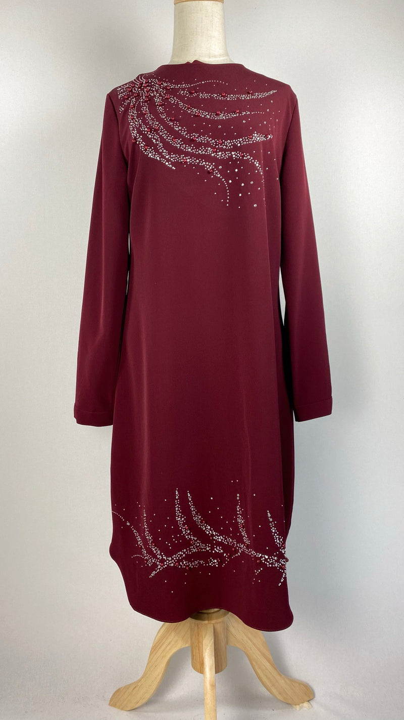 Long Sleeve Knee Length Top with Beading/Pearls, Maroon