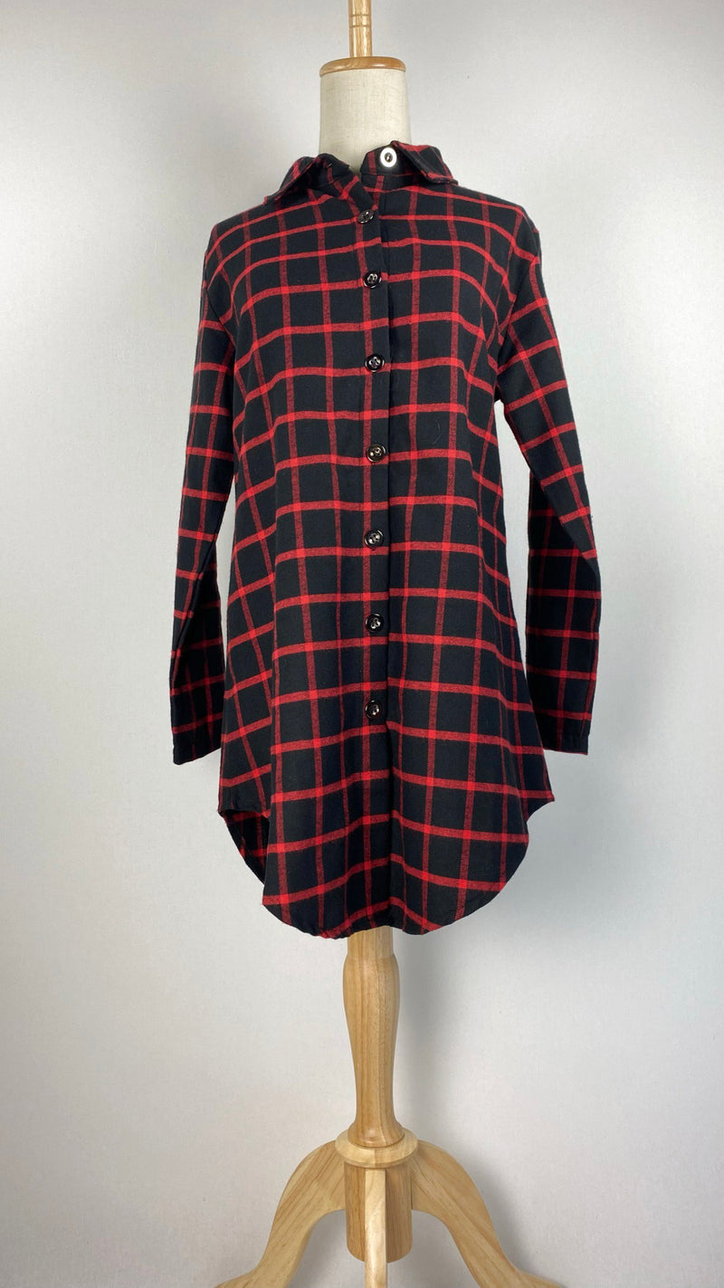 Long Sleeve Button Up Knee Length Flannel Top, Red and Black