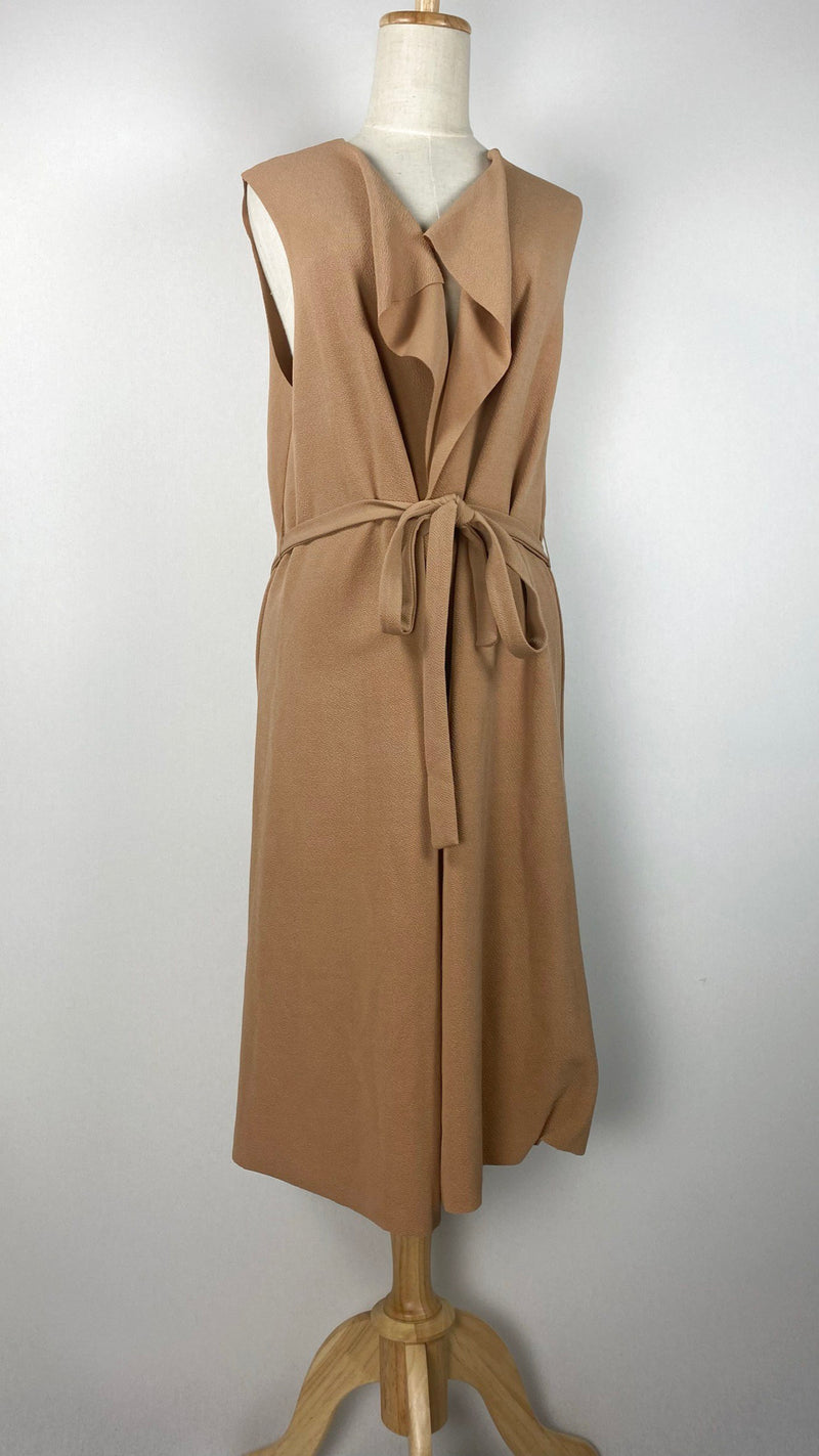 Sleeveless Knee Length Open Cardigan, Tan