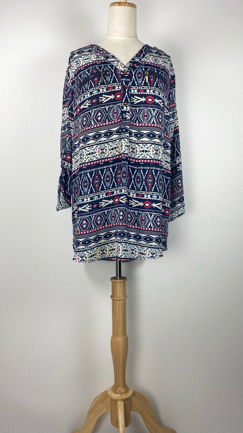 3/4 Sleeve Printed Hip Length Top, Navy